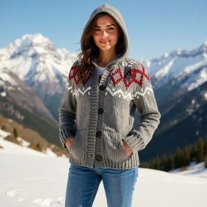 Nordic Handknit Cardigan Sweater Womens L Gray Fair Isle Wool Blend Hooded Cozy